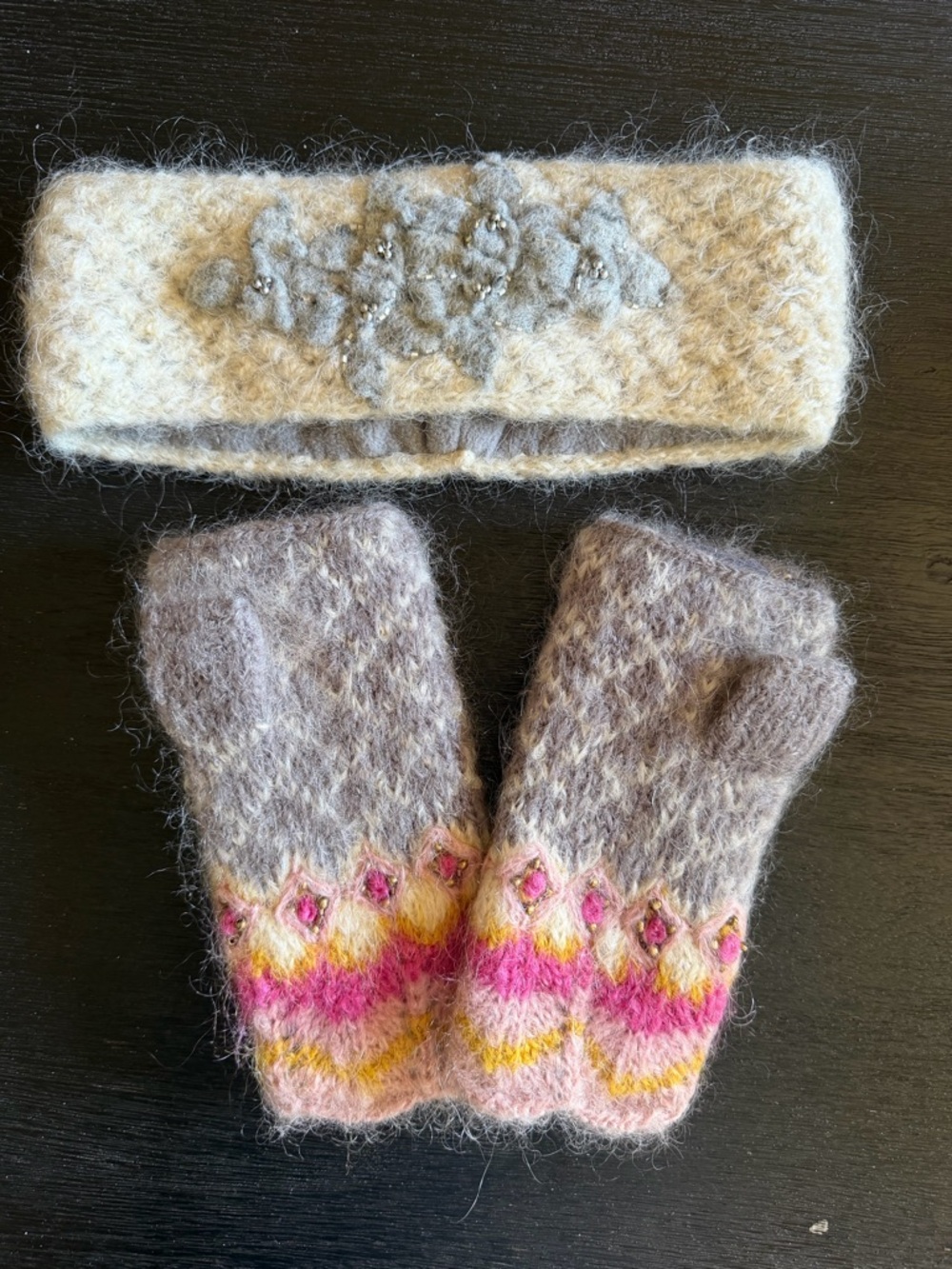 French Knot Fuzzy Knit Headband and Fingerless Mitts Set in Cream, Taupe, Pink